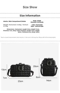 Size chart for black rivet bags showing horizontal and vertical dimensions and strap length