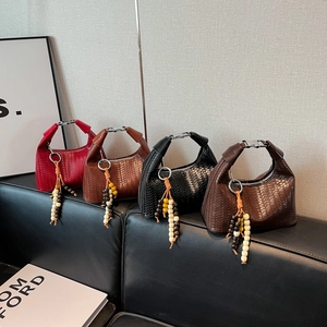 Woven PU Leather Hobo Handbag Fashion Commuter Shoulder Bag With Metal Buckle And Wooden Bead Tassel For Women