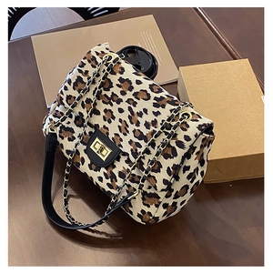 Close-up of leopard print crossbody bag with gold metal clasp and chain strap detail