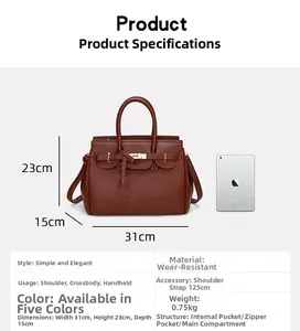 Sac à main marron grainé dimensions 31x23x15cm avec bandoulière et compartiments internes