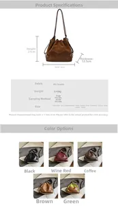 Tableau des tailles détaillé et options de couleurs pour le sac seau à cordon tendance
