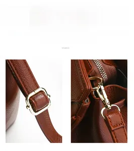 Détails du sac en cuir litchi marron avec boucle réglable dorée et crochet en métal amovible