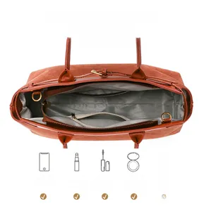 Top view of spacious tote interior with herringbone lining and functional compartments