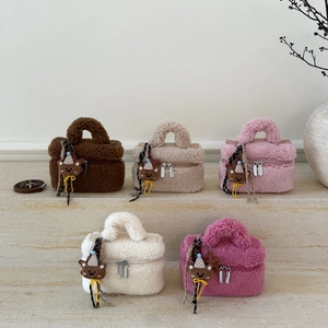 Plush Mini Crossbody Bag Faux Lamb Wool Box Handbag With Bear Pendant Cute Winter Soft Shoulder Bag For Girls