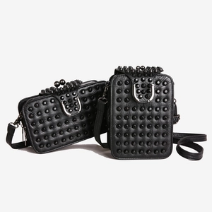 Studded Crossbody Bag Punk Style PU Leather Rivet Small Square Shoulder Bag With Metal Buckle For Women