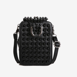 Stylish black rivet crossbody square bag with punk style studs and metal buckle closure