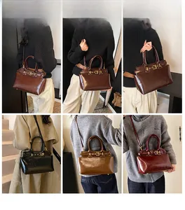 Collage of model showcasing vintage leather handbags in coffee, black, brown, and red colors