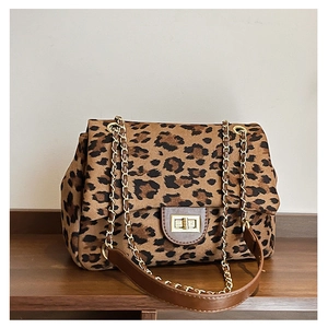 Vintage Leopard Print Suede Shoulder Bag With Gold Chain Strap And Square Turn-Lock Small Square Flap Bag For Women