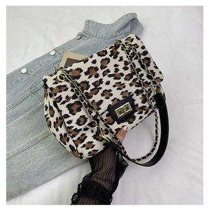 Fashionable leopard print crossbody bag with gold chain strap and metal lock closure