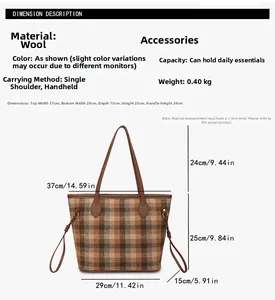 Size guide for a large plaid wool tote bag showing dimensions and handle height details