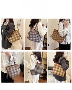 Detail of assorted plaid and houndstooth wool tote bags with brown leather straps
