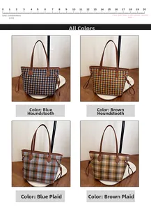 Grid view of wool tote bags in houndstooth and plaid patterns with 20cm size ruler