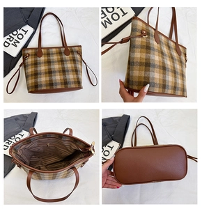 Detailed views of checkered tote bag showing leather handles, interior lining and sturdy base