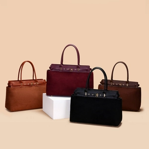 Large Patchwork PU Leather Suede Handbag With Buckle Strap Gold Hardware Top Handle Crossbody Tote Bag For Women
