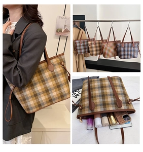 Detail showing high-capacity interior of checkered wool tote bag with daily essentials