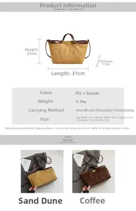 Detail showing PU and suede tote bag dimensions 37x21x11cm with material specifications