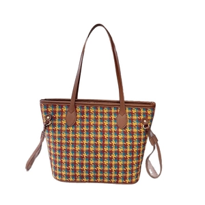 Large capacity vintage plaid woolen tote bag with brown leather handles and side drawstrings