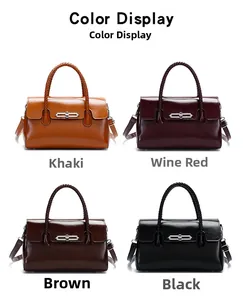 Color display of four vintage leather handbags in khaki, wine red, brown and black