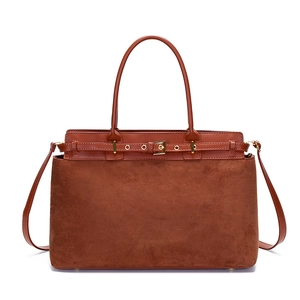 Braune Leder- und Wildleder-Einkaufstasche mit Vintage-Metallschnalle und Schultergurt
