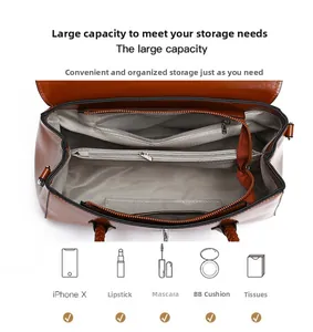 Internal structure of brown leather tote showing multiple pockets and herringbone lining