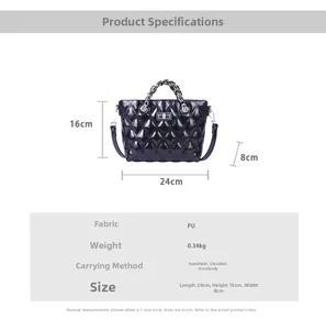 Detailed size chart for black quilted bag with dimensions 24x16x8cm and weight 0.34kg