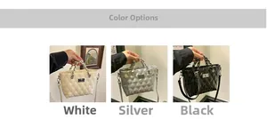 Quilted crossbody bag shown in white, silver, and black colors with chain straps