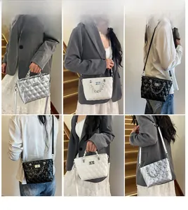 Multiple views of women's quilted chain crossbody bags in silver, black, and white