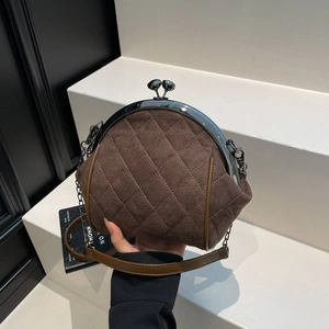Deep brown quilted suede shell crossbody bag with retro metal ball clasp and chain strap