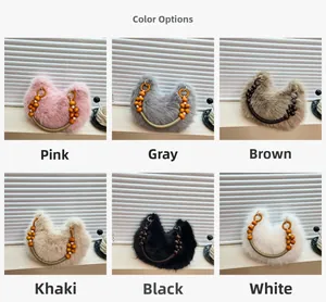 Collection of plush crescent handbags with decorative wooden bead handles in six colors