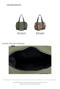 Détail du sac fourre-tout en toile kaki et vert avec fermeture éclair et intérieur spacieux