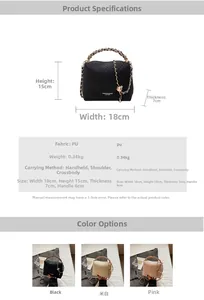 Detailed size specifications for quilted PU chain bag featuring dimensions and three color options