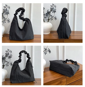 Detailed four-angle view of black checkered hobo bag with unique ruched shoulder strap design