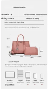 Detailed technical specification diagram showing dimensions and pink tote bag capacity features