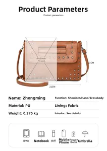 Technische Daten für braune Nieten-Umschlagtasche mit Größenvergleich und Kapazität