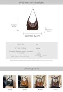 Detailed chart showing Hobo bag dimensions and PU leather texture in four colors
