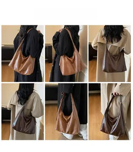 Detailed views of brown hobo tote bag showing large capacity and soft faux leather texture