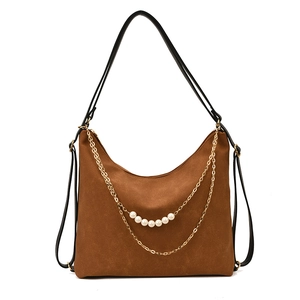 Brown faux suede hobo bag with gold chains and pearl accents for women commuting