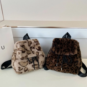 Leopard Print Faux Fur Backpack Drawstring Plush Shoulder Bag Fashion Schoolbag For Women Girl Autumn Winter