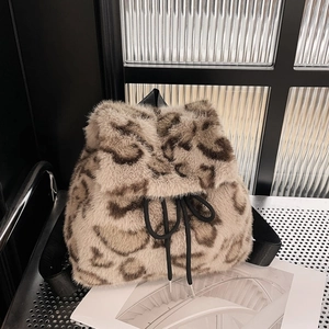 Leopard print plush drawstring backpack with adjustable straps for autumn and winter outfits
