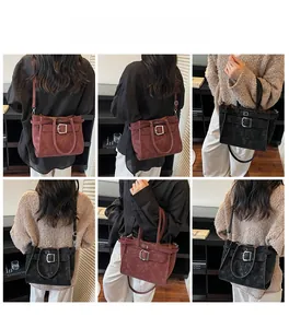 Multi-angle view of vintage suede shoulder bags in burgundy and black with large buckles