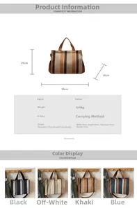 Detailed technical chart of a striped canvas tote bag showing dimensions and four colors