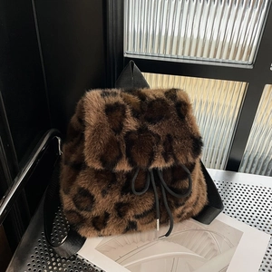 Faux fur leopard print backpack with drawstring and adjustable nylon straps for women