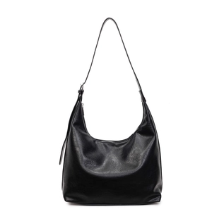 Glossy black hobo shoulder bag with pleated texture and adjustable strap for women