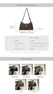 Detailed sizing chart and material specs for vintage PU and suede baguette crossbody bag