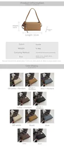 Size chart and specification detail for suede baguette shoulder bag with 10 color options