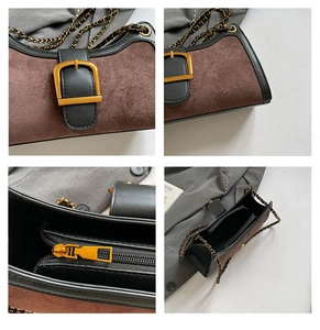 Detail shots of suede baguette bag showing gold buckle, stitching and inner zipper pocket