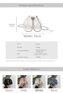 Detailed product dimensions and specifications for denim drawstring bucket bag