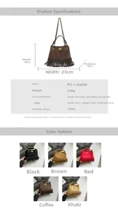 Detailed size chart and multi-color options for suede tassel crossbody bag with dimensions