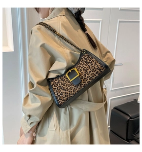Detail of leopard print baguette bag with gold buckle and chain strap on shoulder
