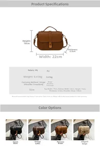 Detailed size chart of minimalist PU leather crossbody bag with color options and dimensions